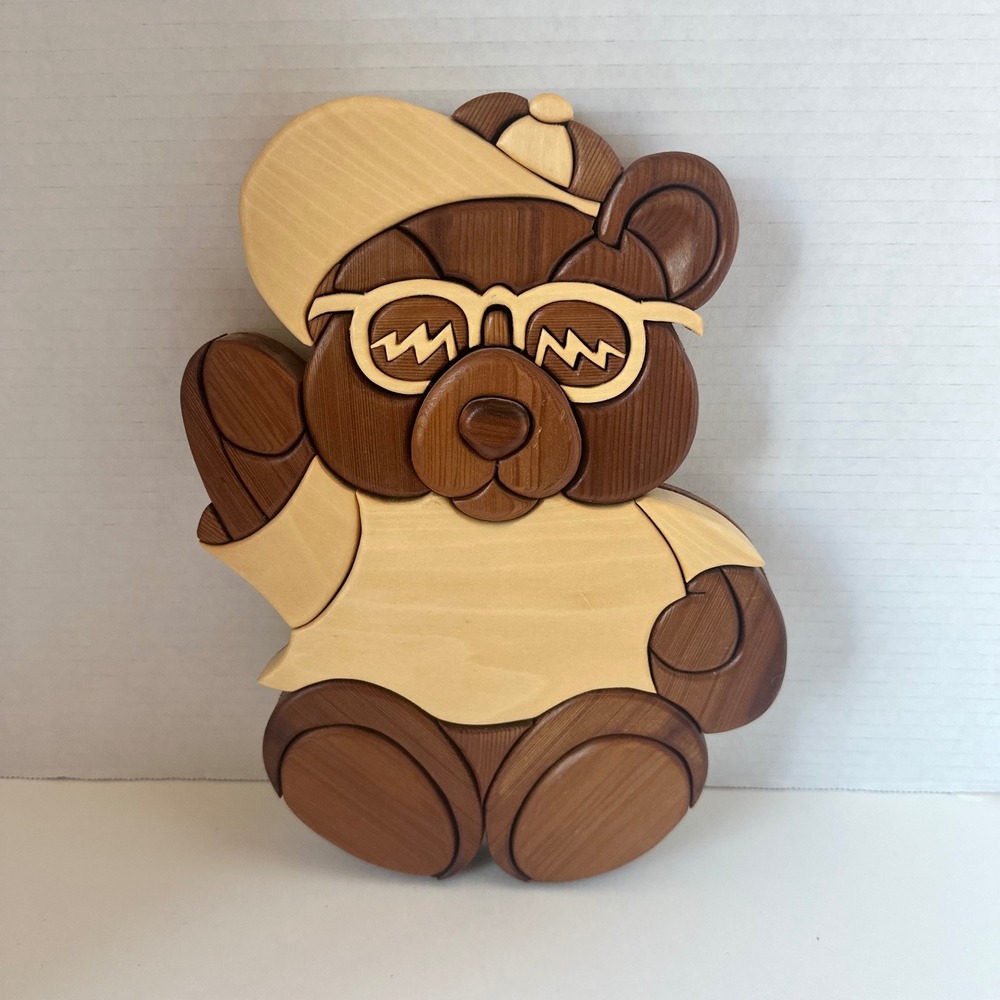 Intarsia Wood Art Teddy Bear Wall Hanging Western Red Cedar Pine & Maple